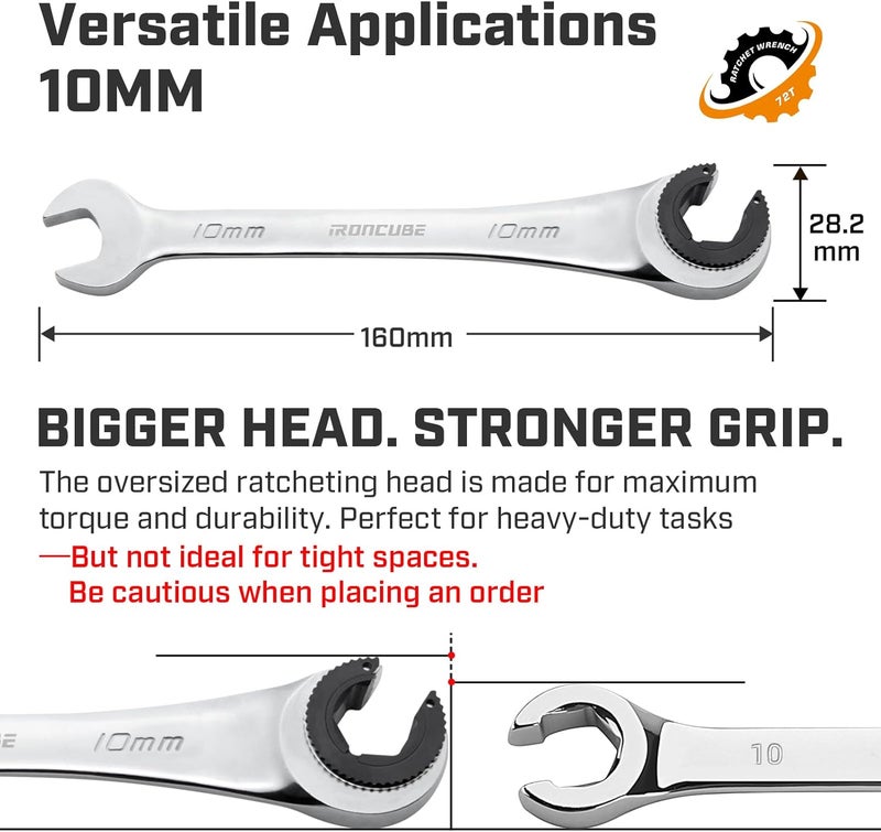 ironcube 10mm Brake Line Wrench Set: Metric Ratcheting Open-end for Nuts on Fuel, Brake or Air Conditioning Lines - Image 2